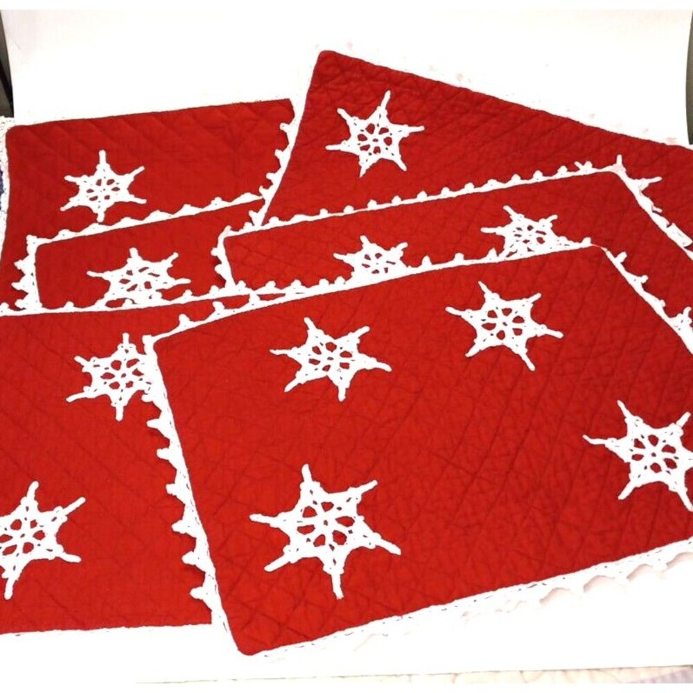 Snowflake Placemats Set Of 6 Crochet 100% Cotton Red White Winter Christmas